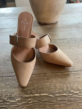 Paolo Blush Beige Pointed-Toe Buckle Mules